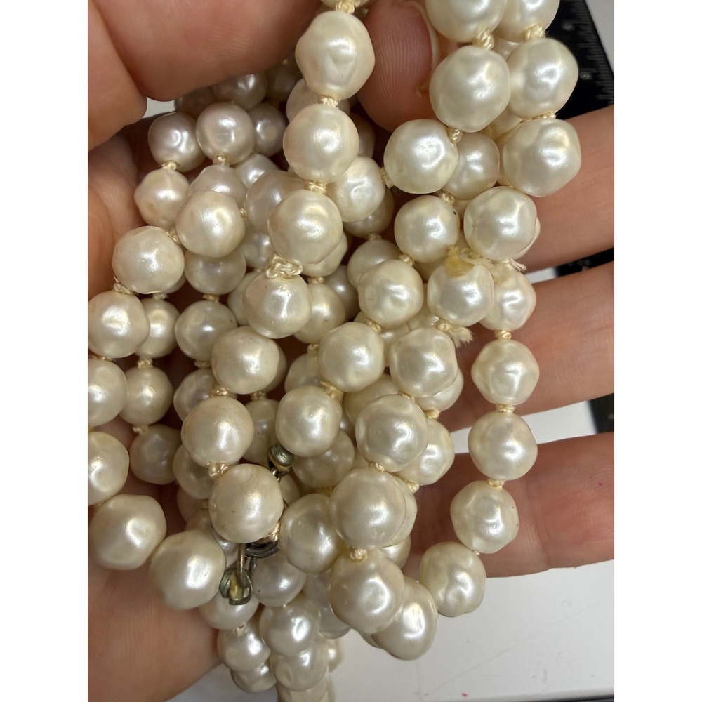 Classic Cream Faux Pearl Hand Knotted Strand Necklace 36 Inch Long Silver Clasp